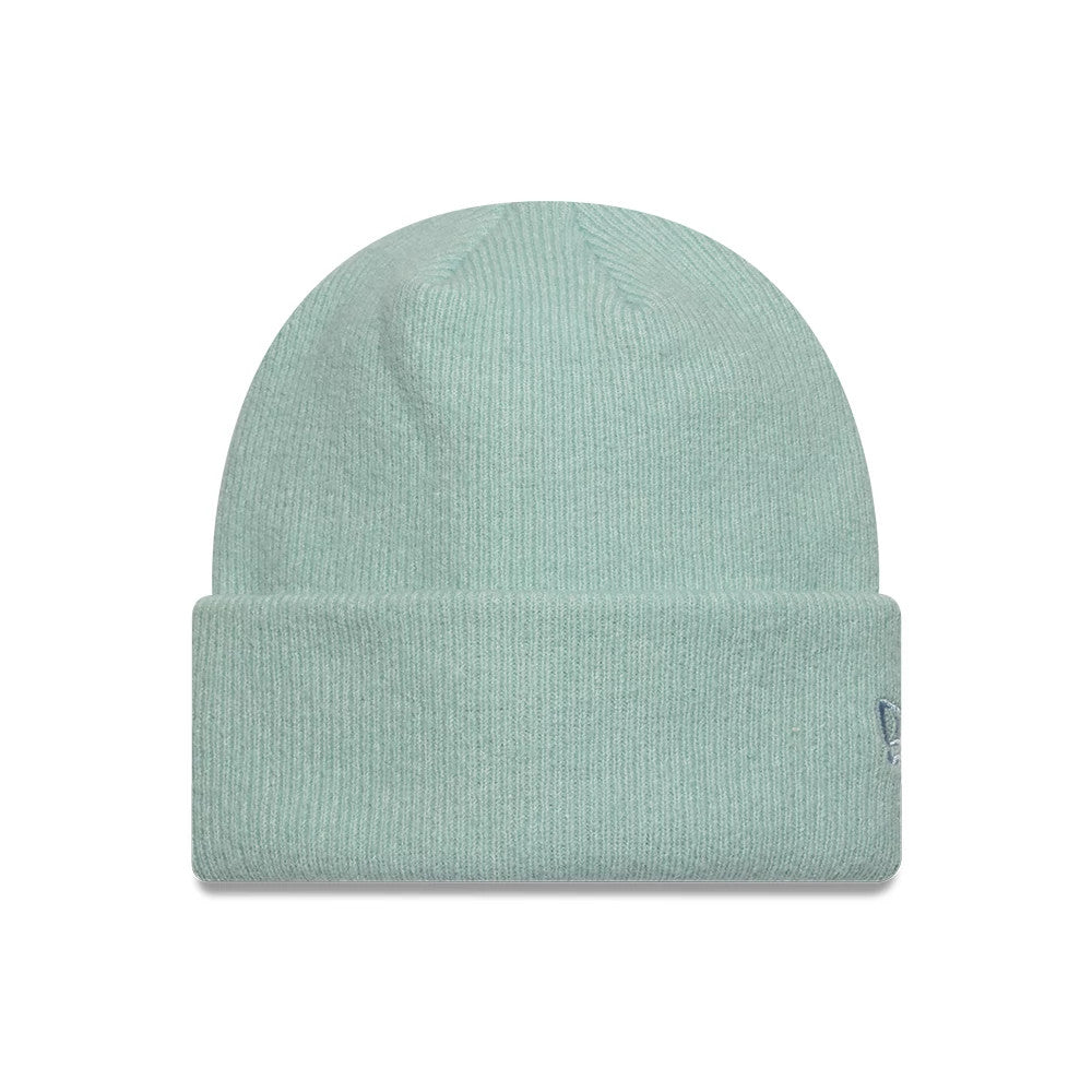 Pictured is this New Era Mohair Wide Cuff Knit Beanie hat in pastel blue. 1