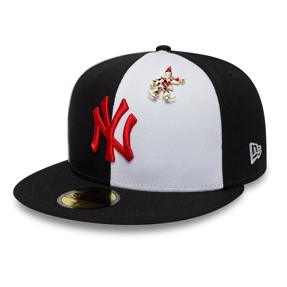 New York Yankees MLB Pinwheel Black New Era 59FIFTY Fitted Cap, front view showing red raised NY embroidery on the left front panel, black and white panel design, gold 59FIFTY size sticker on the black visor, and harlequin pin.