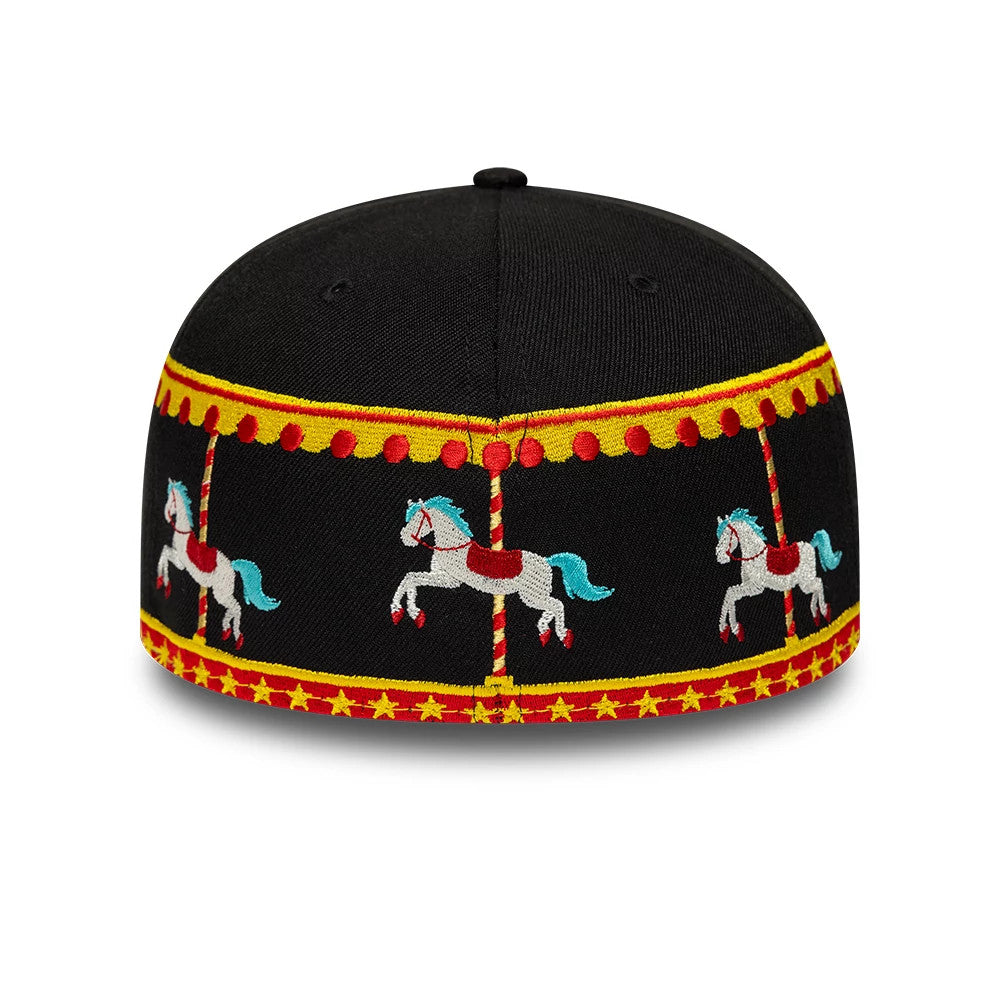 New Era Carousel Black 59FIFTY Fitted Cap, rear view showing an embroidered carousel design with colourful horses and a yellow and red decorative band encompassing the lower part of the structured black crown.