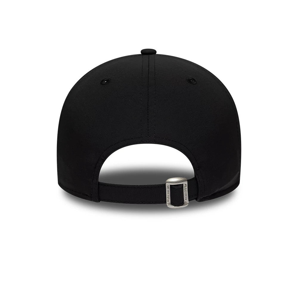 Chicago White Sox MLB Recycled Black New Era 9FORTY Adjustable Cap, rear view showing the black fabric strap with a silver buckle featuring the New Era logo, centred on the structured black crown with a top button and eyelets.