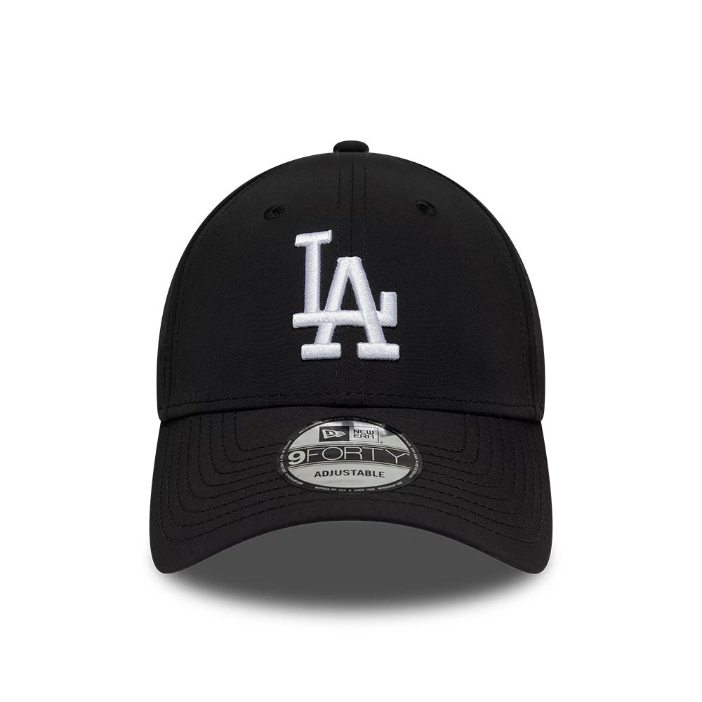 LA Dodgers MLB Recycled Black New Era 9FORTY Adjustable Cap, front view showing the white embroidered LA logo on the structured black crown, with a curved black visor and a 9FORTY size sticker on the visor.