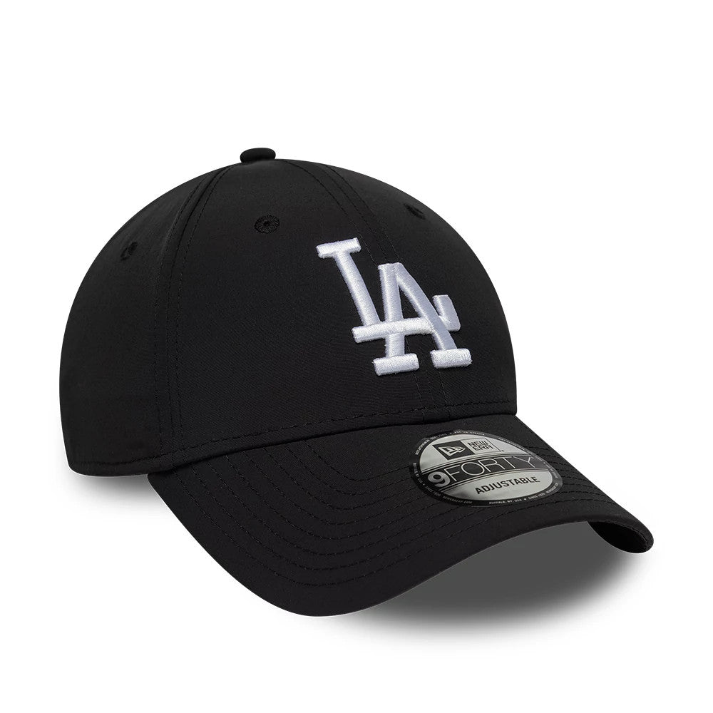 LA Dodgers MLB Recycled Black New Era 9FORTY Adjustable Cap, three-quarter view showing the white LA logo in raised embroidery on the structured black crown, with a curved visor featuring a 9FORTY size sticker.