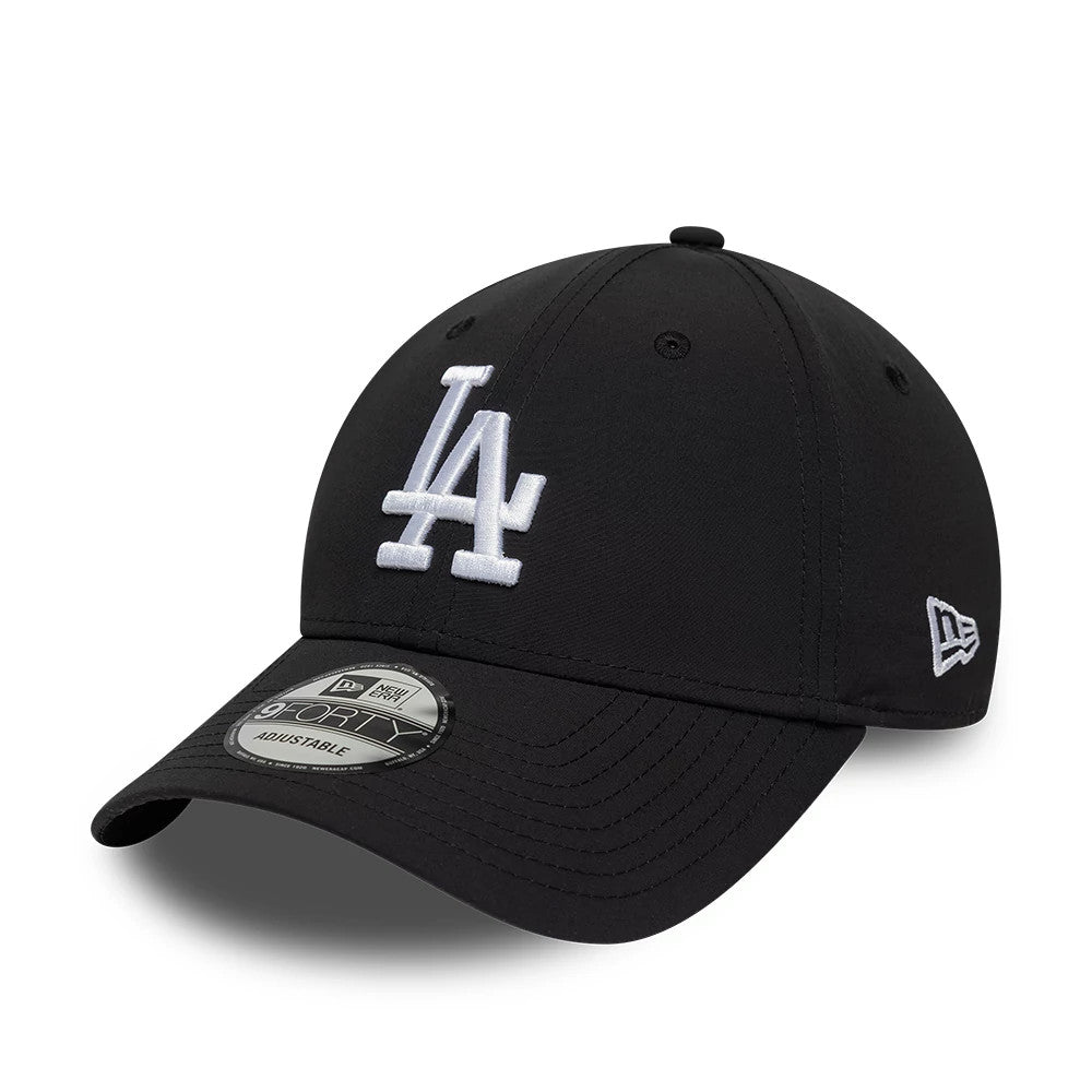 LA Dodgers MLB Recycled Black New Era 9FORTY Adjustable Cap, three-quarter view showing a white embroidered LA logo on the front panel, a curved black visor with a 9FORTY size sticker, and the New Era flag logo on the left side.