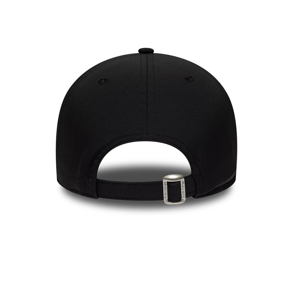 New Era Recycled Black 9FORTY Adjustable Cap, rear view showing the curved black visor, adjustable strap with buckle featuring engraved New Era branding, and embroidered eyelets on the structured black fabric crown.