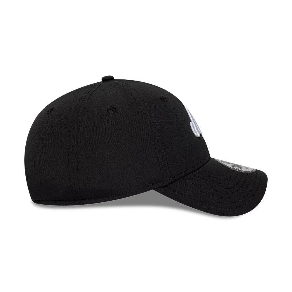 New Era Recycled Black 9FORTY Adjustable Cap, side view showing the white embroidered logo on the front panel, a curved black visor with a 9FORTY size sticker, and black eyelets on the structured crown.