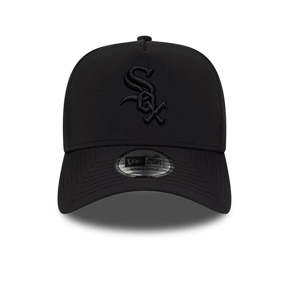 White Sox MLB Recycled Black On Black New Era 9FORTY A-Frame Adjustable Cap, front view showing the raised black embroidered White Sox logo on the crown, a curved black visor, and a 9FORTY size sticker on the visor.