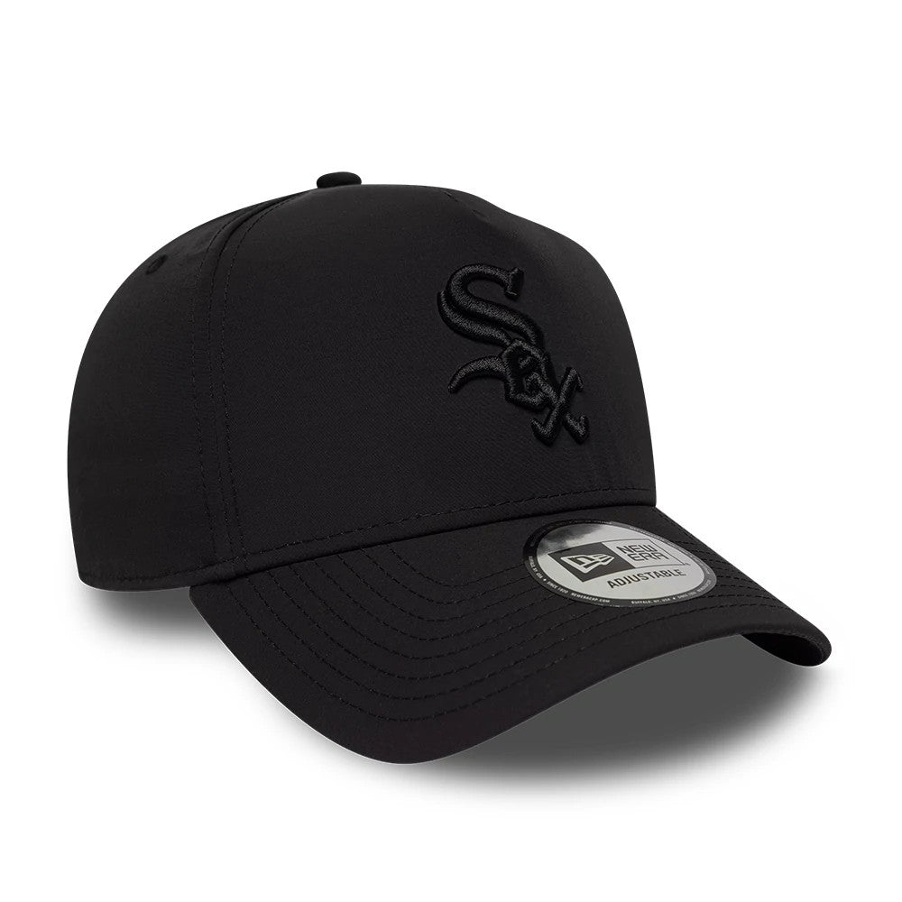 White Sox MLB Recycled Black On Black New Era 9FORTY A-Frame Adjustable Cap, three-quarter view showing the raised black Sox logo on the front panel, a curved black visor with a New Era 9FORTY size sticker, and matching eyelets and top button.