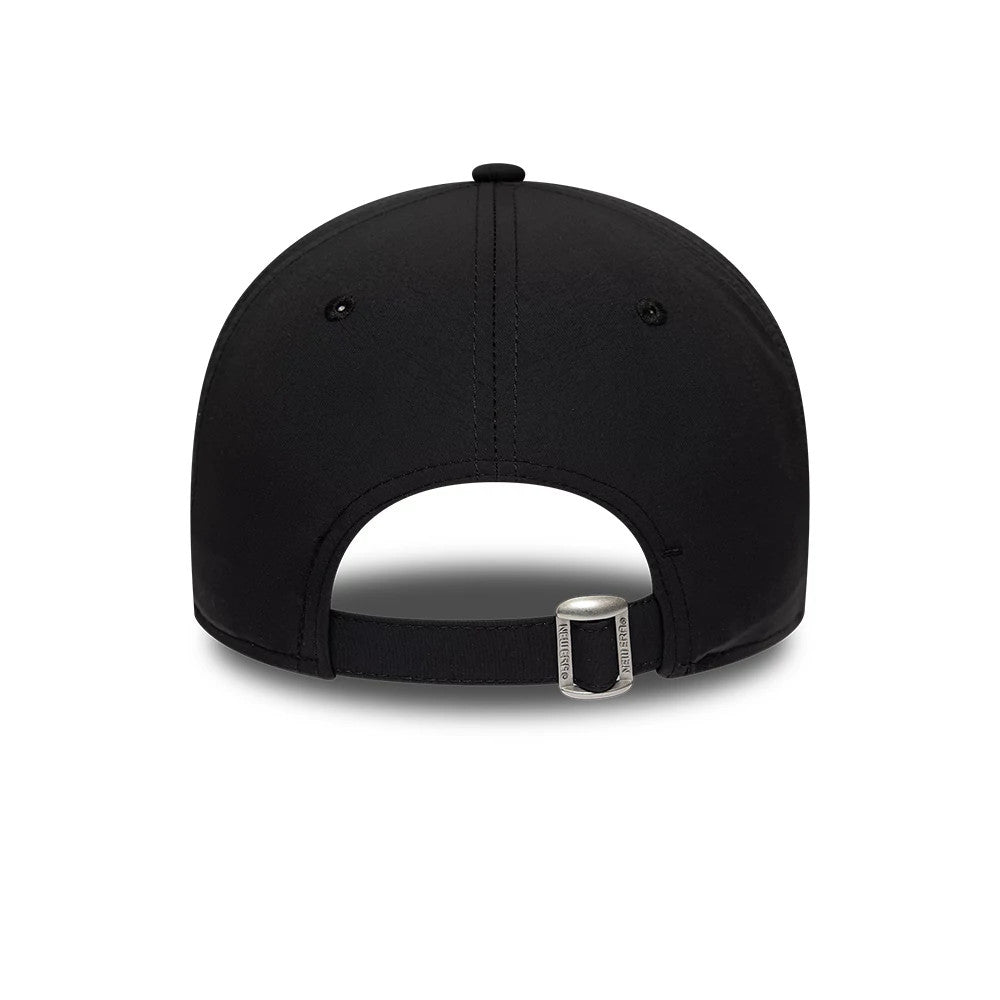 New Era Recycled Black On Black 9TWENTY Adjustable Cap, rear view showing the adjustable strap with a buckle, black eyelets on the unstructured crown, and a top button centred on the black panels.
