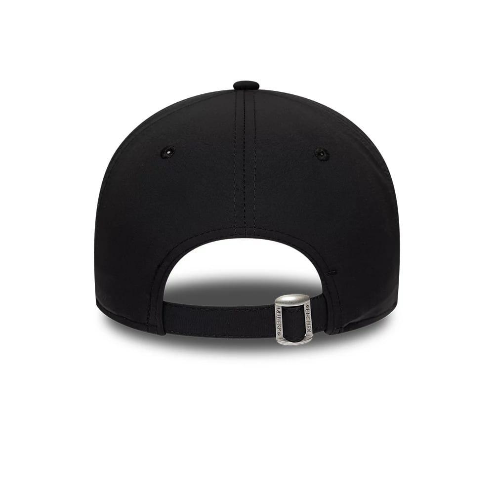 New Era Recycled Black On Black 9TWENTY Adjustable Cap, rear view showing the adjustable strap with a buckle, black eyelets on the unstructured crown, and a top button centred on the black panels.
