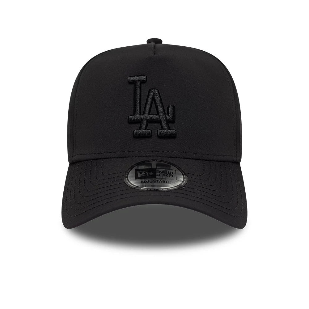 LA Dodgers MLB Recycled Black On Black New Era 9FORTY E-Frame Adjustable Cap, front view showing the raised black embroidered LA logo centred on the front panels, with a black curved visor and a 9FORTY size sticker on the visor.