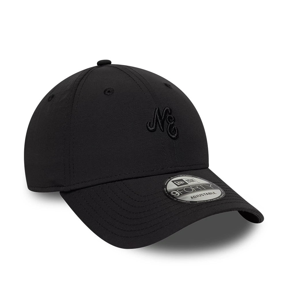 New Era Mini Logo Recycled Black On Black 9FORTY Adjustable Cap, three-quarter view showing the black embroidered New Era mini logo on the front panel, curved black visor, and a 9FORTY size sticker on the top of the visor.