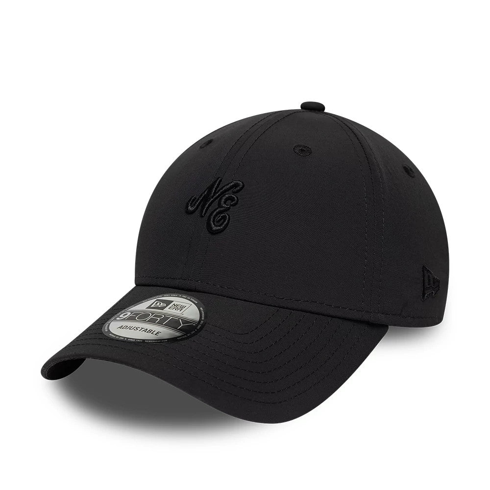 New Era Mini Logo Recycled Black On Black 9FORTY Adjustable Cap, front view showing a black embroidered NE logo on the front panel, a curved visor with a 9FORTY size sticker, and a New Era flag logo on the left side.