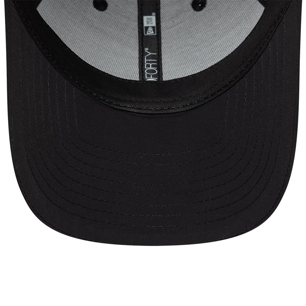 New Era Mini Logo Recycled Black On Black 9FORTY Adjustable Cap, inside view showing the grey interior taping with the New Era branding, a black sweatband, and a clearly black undervisor.