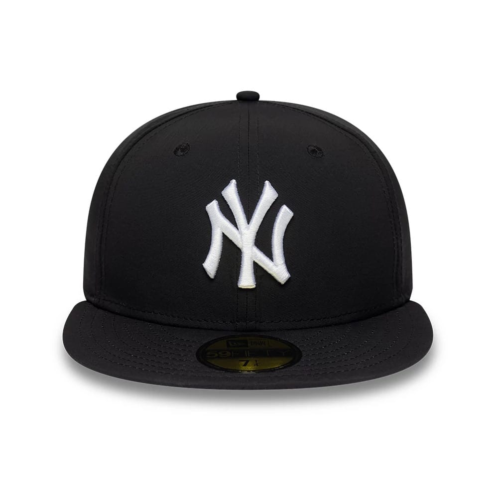 New York Yankees MLB Recycled Black New Era 59FIFTY Fitted Cap, front view showing the white embroidered NY logo on the structured black crown, complemented by a flat black visor and a gold 59FIFTY size sticker on the visor.