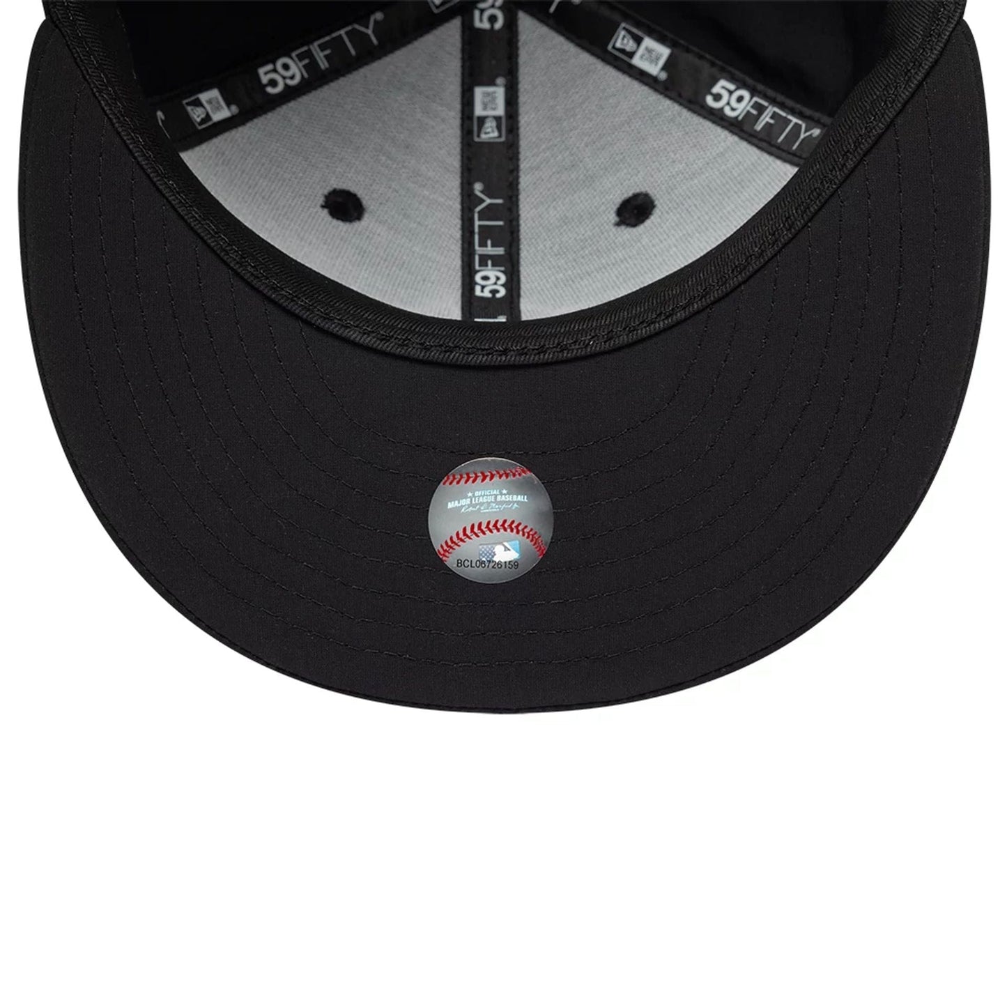 New York Yankees MLB Recycled Black New Era 59FIFTY Fitted Cap, inside view showing a grey sweatband with black 59FIFTY taping, a black undervisor, and an MLB baseball holographic sticker on the centre of the visor.