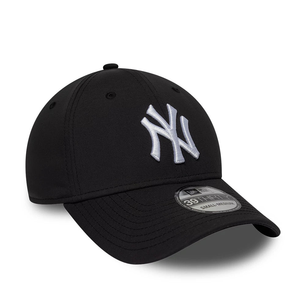 New York Yankees MLB Recycled Black New Era 39THIRTY Stretch Fit Cap, three-quarter view showing the raised white embroidered NY logo on the front panel, curved black visor with a 39THIRTY size sticker, and matching black eyelets.