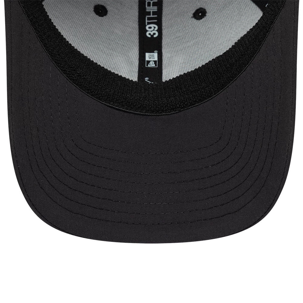 New York Yankees MLB Recycled Black New Era 39THIRTY Stretch Fit Cap, inside view showing the black undervisor with curved stitching, a grey sweatband, and black taping with white 39THIRTY branding running along the seams.