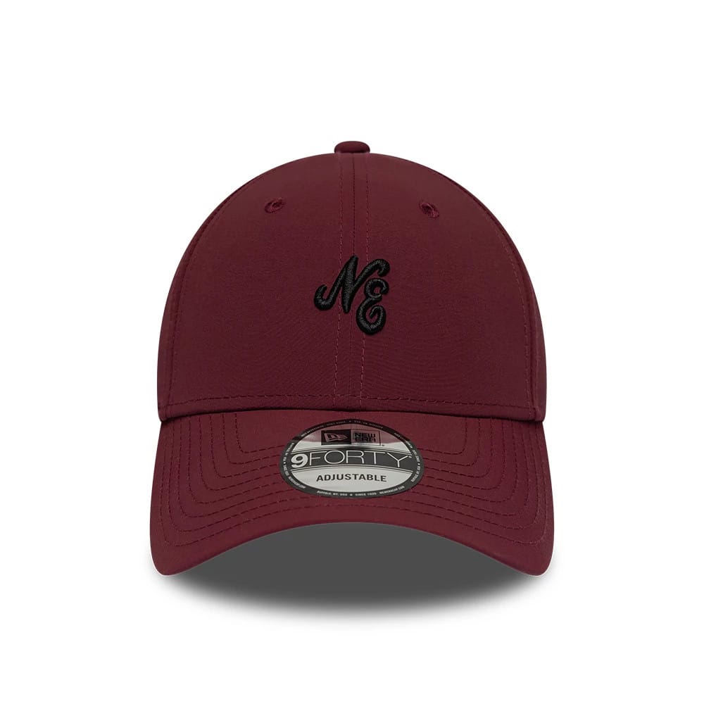 Pictured is this New Era Mini Logo Recycled 9FORTY cap in dark red. 2