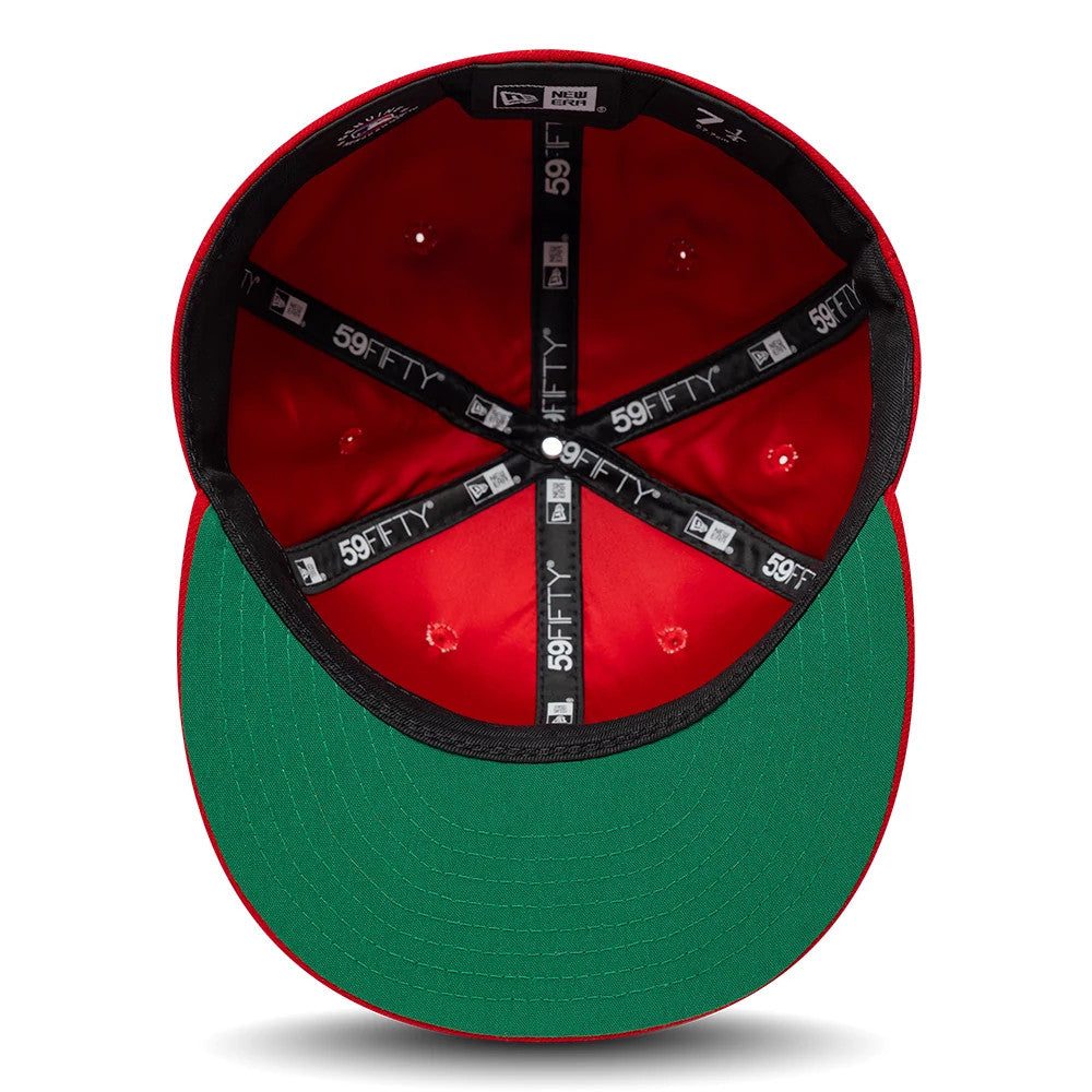 LA Angels MLB Sidepatch Satin Lined Red New Era 59FIFTY Fitted Cap, inside view showing the red satin lining with black 59FIFTY taping, green undervisor, red fabric eyelets, and a black sweatband featuring size labels and a New Era logo.