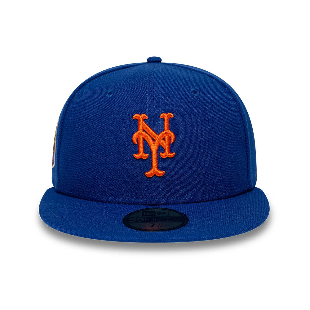 New York Mets MLB Sidepatch Satin Lined Blue New Era 59FIFTY Fitted Cap, front view showing the raised orange embroidered NY logo on the structured blue crown, with a matching blue flat visor and a 59FIFTY size sticker on the visor.