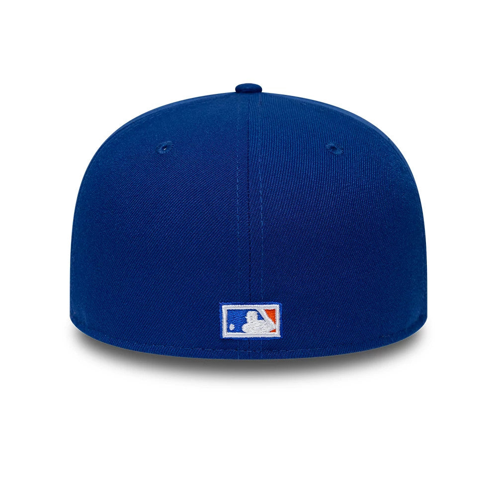 New York Mets MLB Sidepatch Satin Lined Blue New Era 59FIFTY Fitted Cap, rear view showing the white embroidered MLB Batterman logo at the centre back, placed on the structured blue crown with matching blue eyelets and top button.