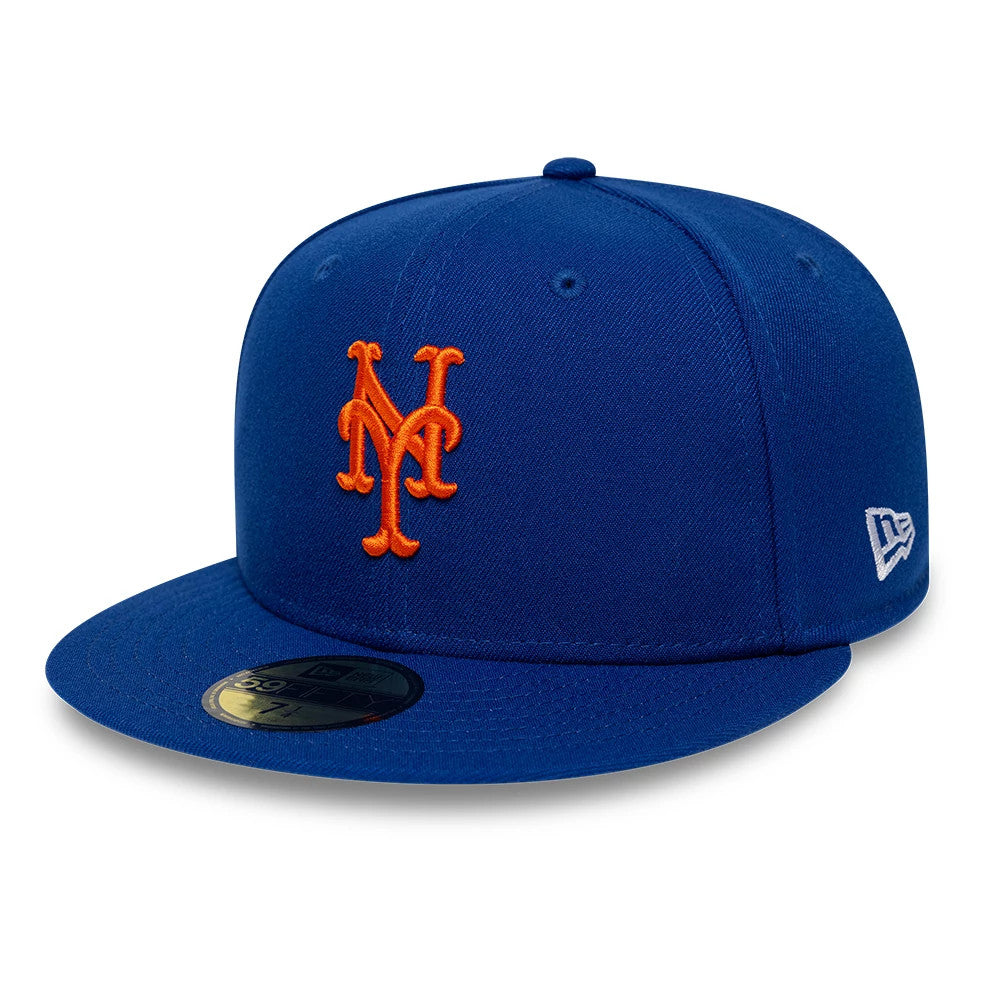 New York Mets MLB Sidepatch Satin Lined Blue New Era 59FIFTY Fitted Cap, front view showing the orange raised embroidered Mets logo on the structured blue crown, flat visor with gold 59FIFTY size sticker, and New Era flag logo on the left side.
