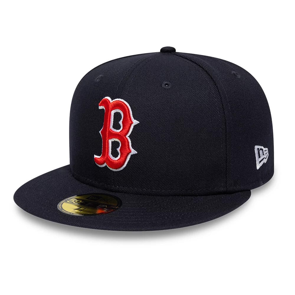 Boston Red Sox MLB Sidepatch Satin Lined Navy New Era 59FIFTY Fitted Cap, front view showing the raised red and white embroidered B logo on the front panel, navy flat visor with a gold 59FIFTY size sticker, and the New Era flag logo on the left side.