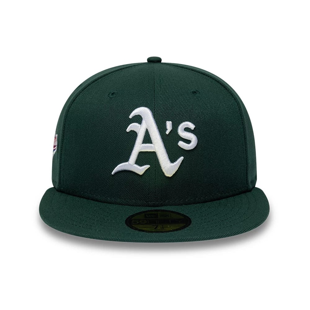Athletics MLB Sidepatch Satin Lined Dark Green New Era 59FIFTY Fitted Cap, front view showing the raised white embroidered As' logo on the dark green structured crown, with a dark green visor and a gold 59FIFTY size sticker.