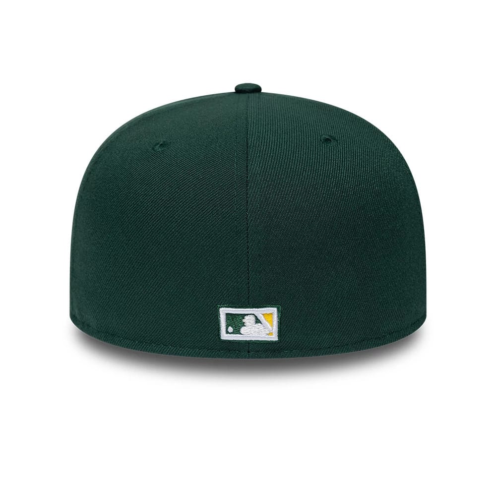Athletics MLB Sidepatch Satin Lined Dark Green New Era 59FIFTY Fitted Cap, rear view showing the white embroidered MLB Batterman logo at the centre back, set low on the dark green structured crown with matching green eyelets and a top button.