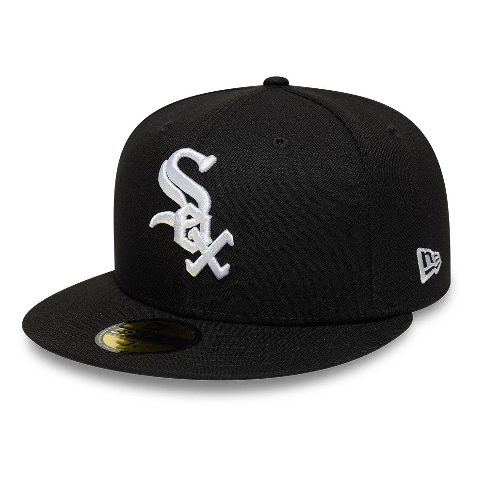 Chicago White Sox MLB Sidepatch Satin Lined Black New Era 59FIFTY Fitted Cap, front view showing the raised white Sox logo embroidered on the black structured crown, a black flat visor, and the gold 59FIFTY size sticker.