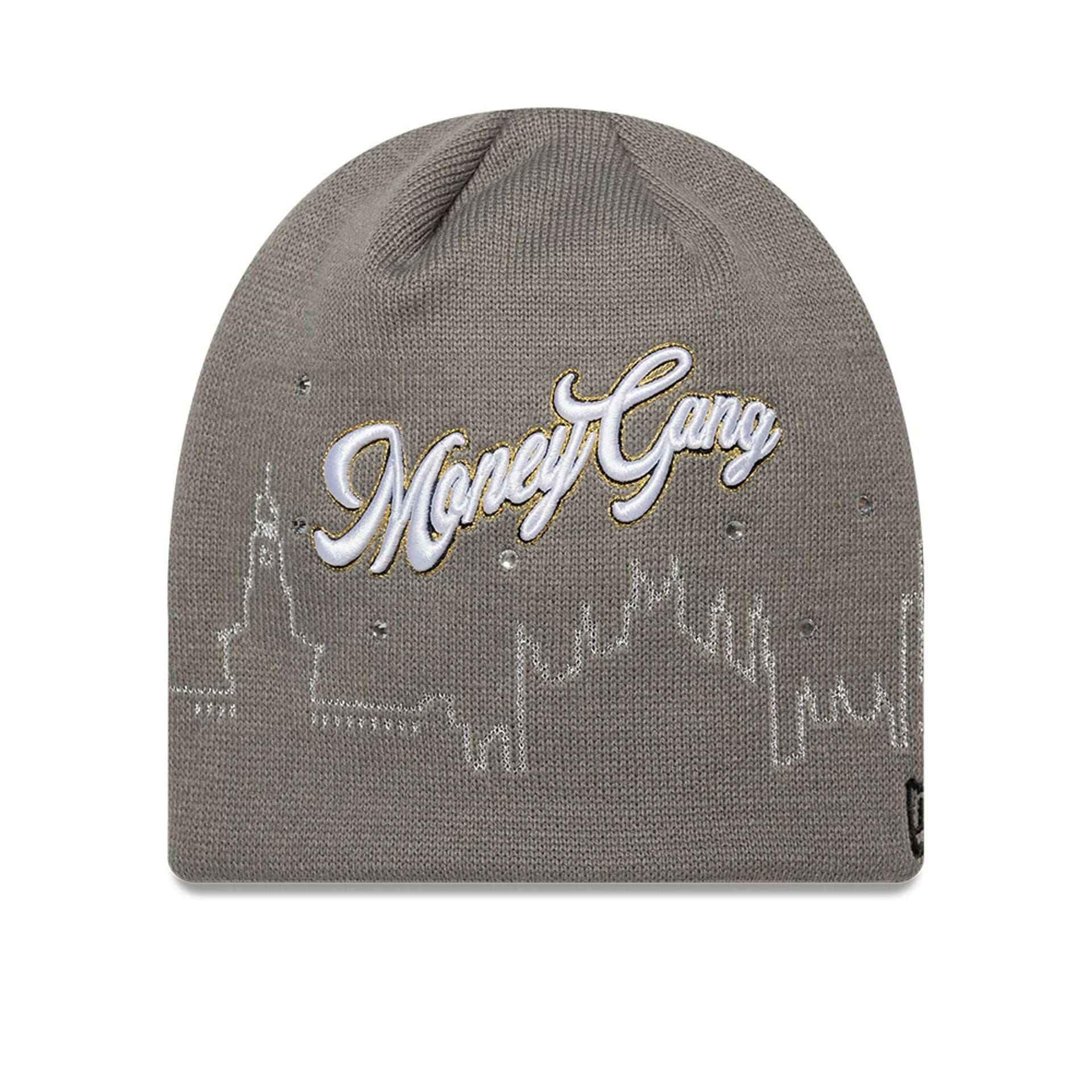 Pictured is this Sfera Ebbasta X New Era Skull Knit Beanie hat in grey. 1