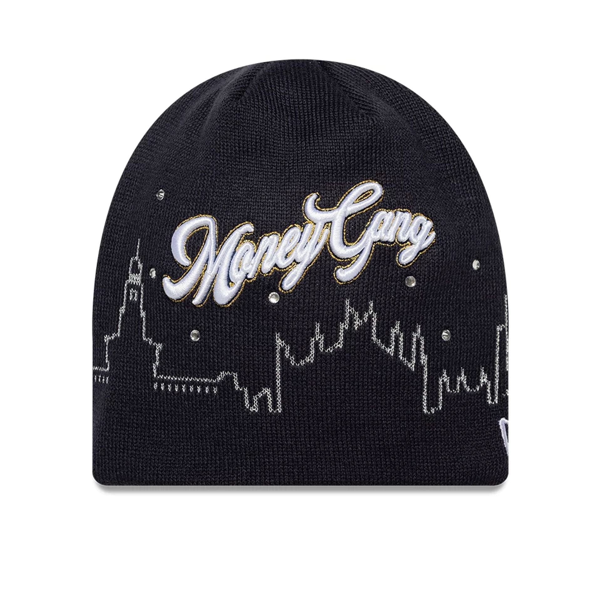 Pictured is this Sfera Ebbasta X New Era Skull Knit Beanie hat in navy. 1