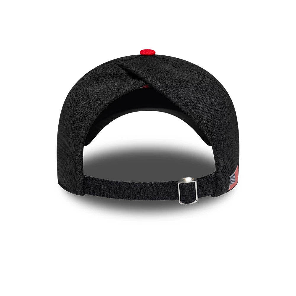 New Era TGR Haas F1 Womens Black Open Back Cap, rear view showing a red top button contrasting with the black mesh fabric, an open back design with adjustable strap closure, and a small tag on the right side of the back panel.