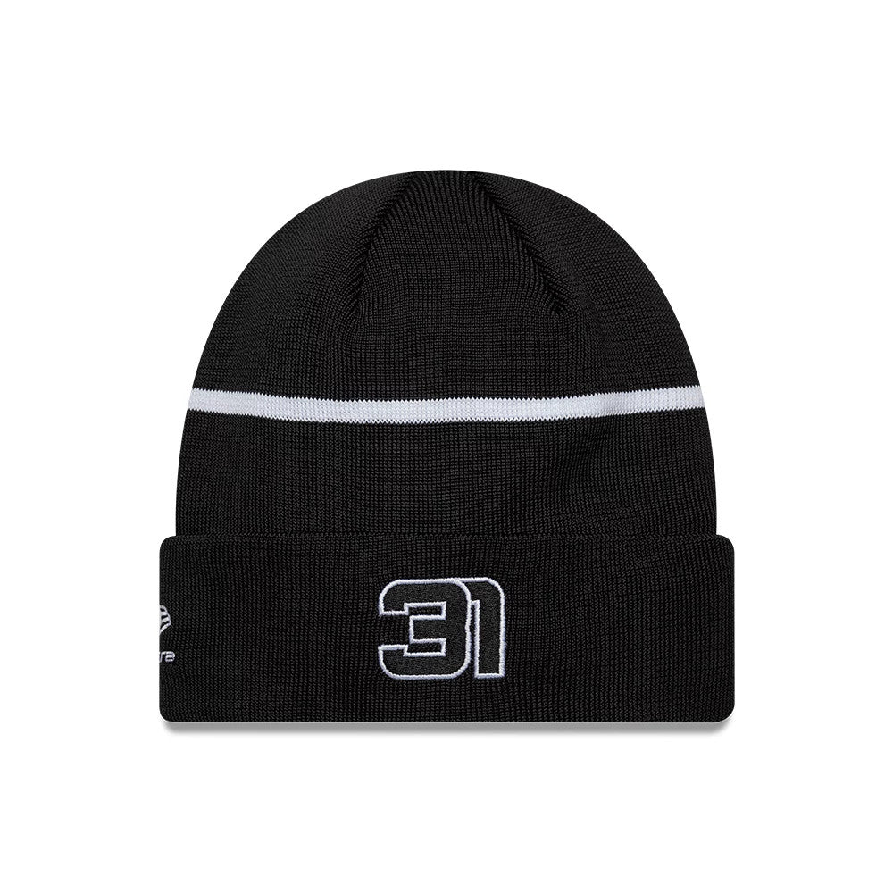 New Era TGR Haas F1 Esteban Ocon Black Cuff Knit Beanie Hat, front view showing the white embroidered number 31 on the cuff, along with a white stripe around the black crown and the New Era flag logo on the left side.