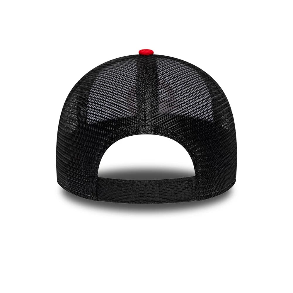 TGR Haas F1 Summer League Black New Era 9FORTY Adjustable Cap, rear view showing the open mesh back design with a bright red top button and adjustable strap for a customised fit, emphasizing the cap's modern style and comfort.