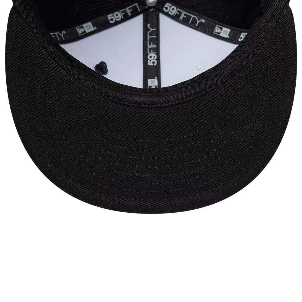 TGR Haas F1 Summer League Black New Era 59FIFTY Fitted Cap, inside view showing the black sweatband and white undervisor, with 59FIFTY branded taping running along the seams of the structured interior crown and the visor's stitching pattern.