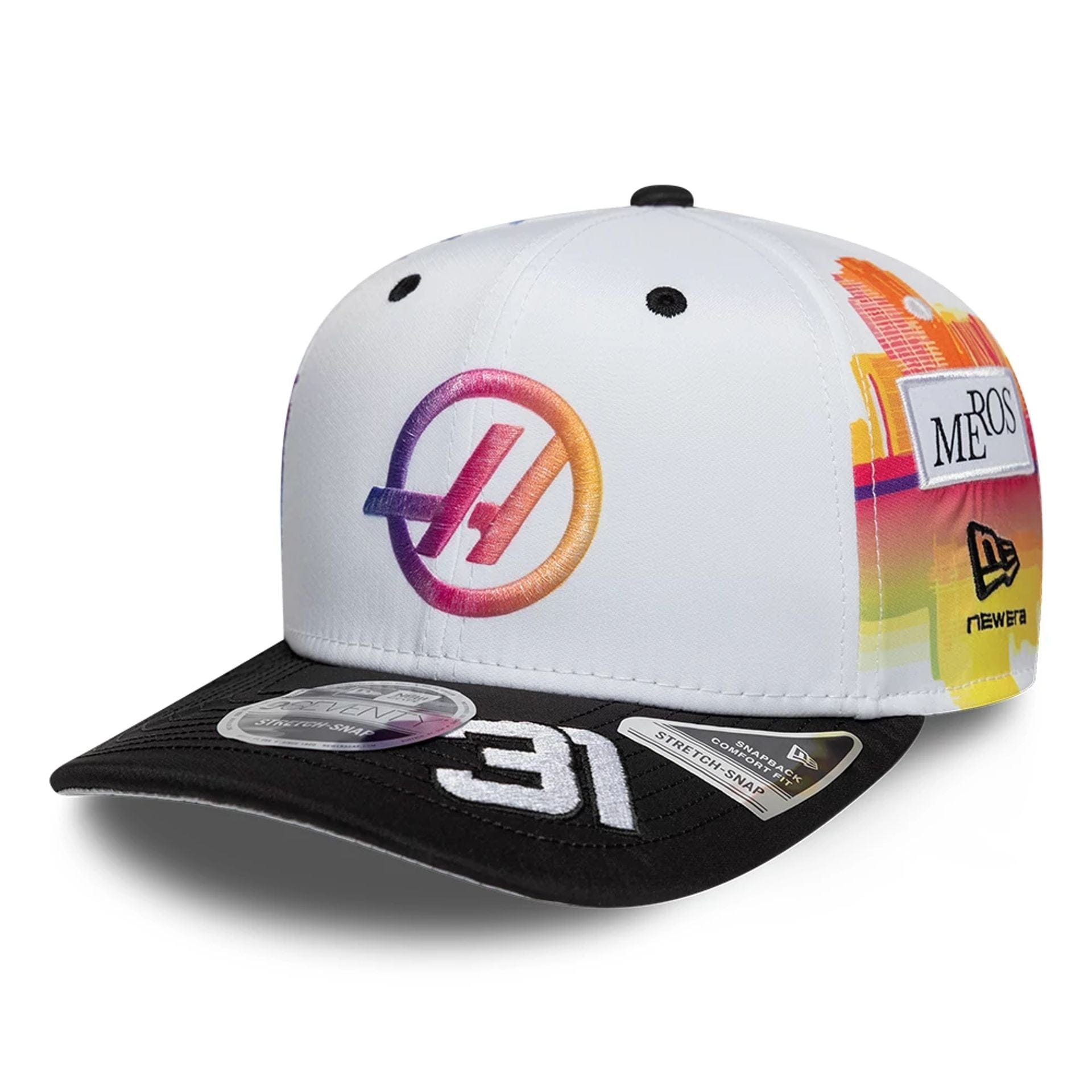 Pictured is this Esteban Ocon Miami Race Special TGR Haas F1 9SEVENTY Stretch Snap cap in white. 1