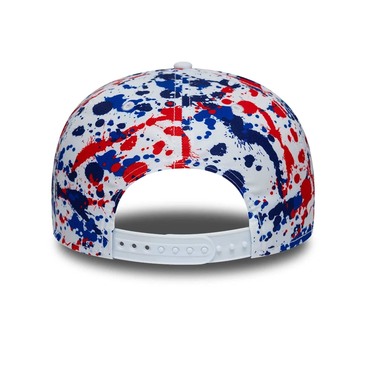 TGR Haas F1 Oliver Bearman Silverstone Race Special White New Era 9SEVENTY Stretch Snap Cap, rear view showing a red and blue paint splatter design on a white crown, with an adjustable white snap closure at the back.