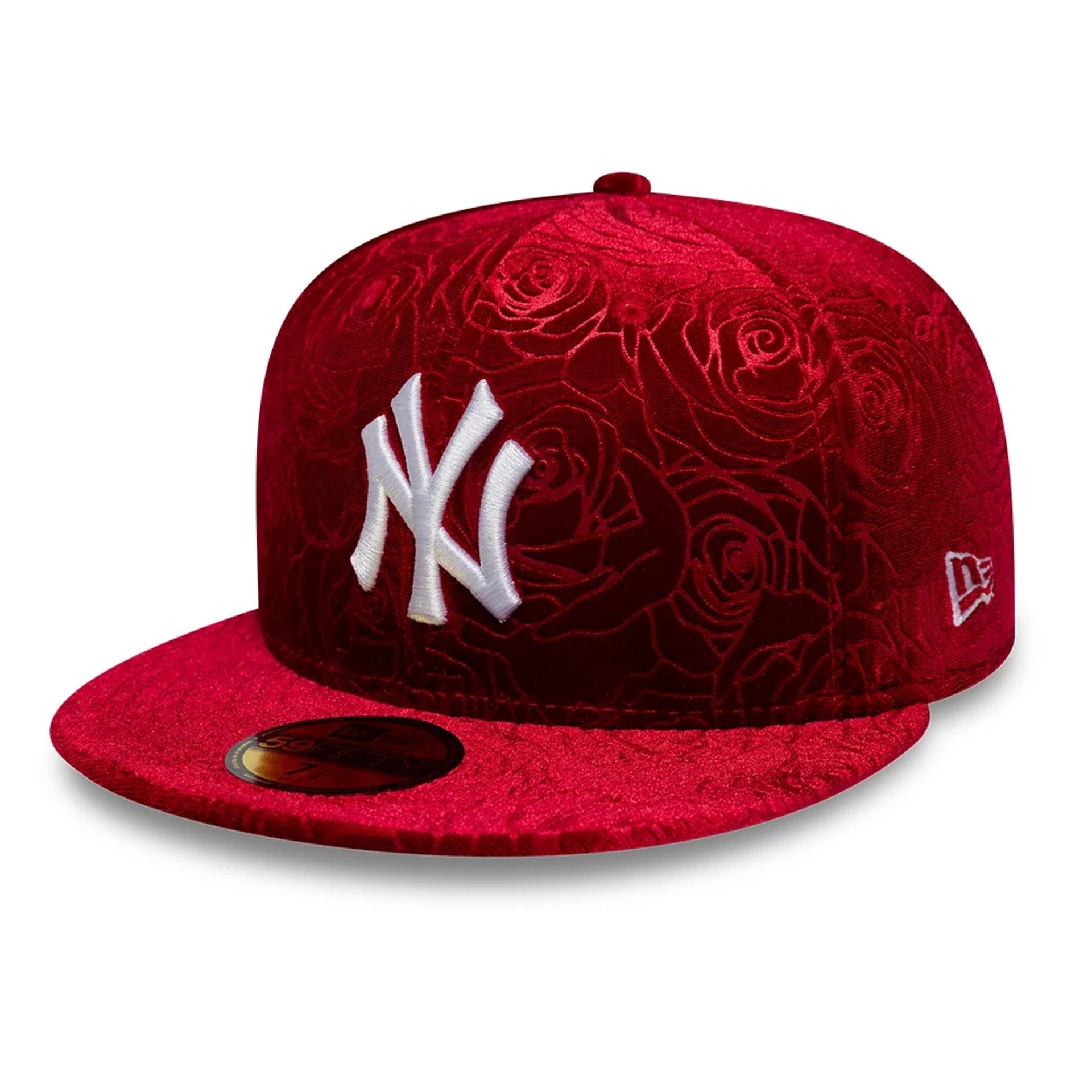 Pictured is this MLB Floral Velour New York Yankees 59FIFTY Fitted cap in dark red. 1