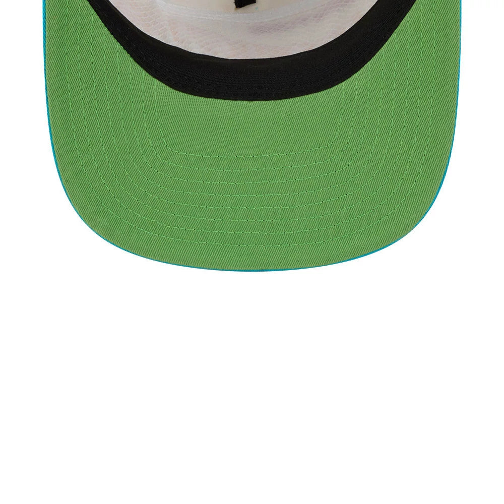 New York Knicks NBA Conference Script White New Era 19TWENTY Adjustable Cap, inside view showing the bright green undervisor, contrasting black sweatband, and white interior panels, highlighting stitching lines and the cap's adjustable structure.