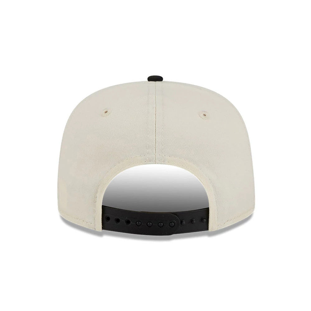 Boston Celtics NBA Conference Script White New Era 19TWENTY Adjustable Cap, rear view showing a black adjustable strap with multiple holes for size adjustments, a black top button, and two white embroidered eyelets on the structured crown.