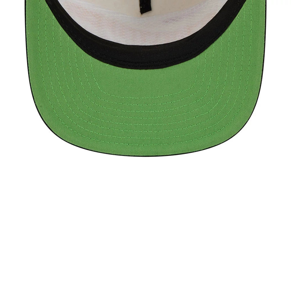 Boston Celtics NBA Conference Script White New Era 19TWENTY Adjustable Cap, inside view showing a green undervisor, contrasted with a black sweatband around the edge, and white taping along the interior seams for a clean finish.