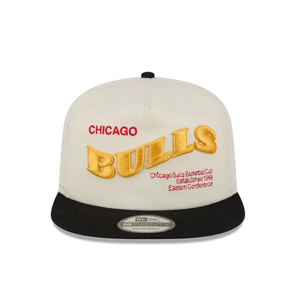 Chicago Bulls NBA Conference Script White New Era 19TWENTY Adjustable Cap, front view showing raised embroidered gold BULLS logo beneath red CHICAGO text, additional team script on white front panels and a black visor with a 19TWENTY size sticker.