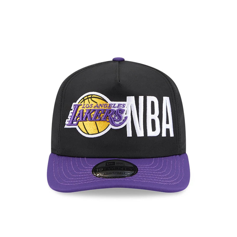 LA Lakers NBA Team Logo Black New Era 19TWENTY Adjustable Cap, front view showing the purple and yellow raised embroidered Lakers logo and white NBA lettering on the black structured crown, with a purple visor and 19TWENTY size sticker.