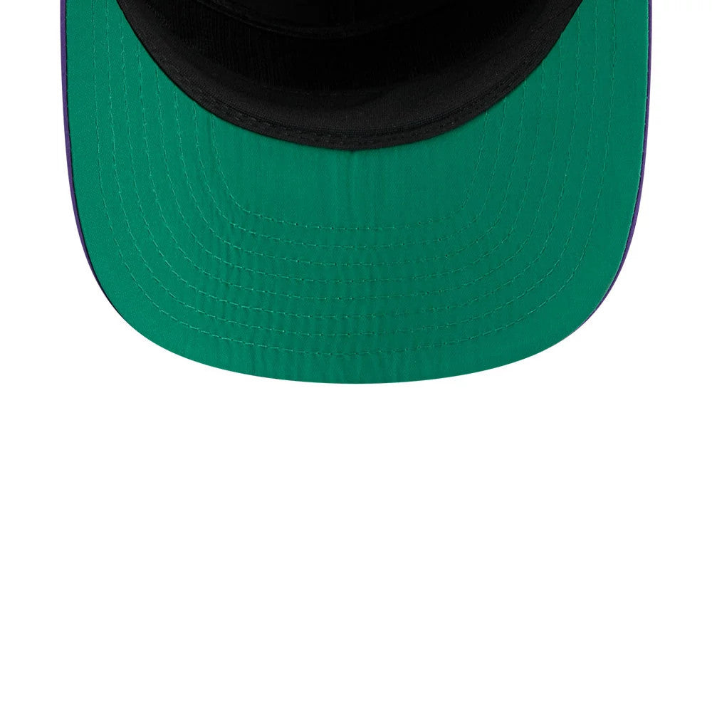 LA Lakers NBA Team Logo Black New Era 19TWENTY Adjustable Cap, inside view showing the bright green undervisor, lined black sweatband, and stitching details on the structured bill, capturing the craftsmanship and design quality.