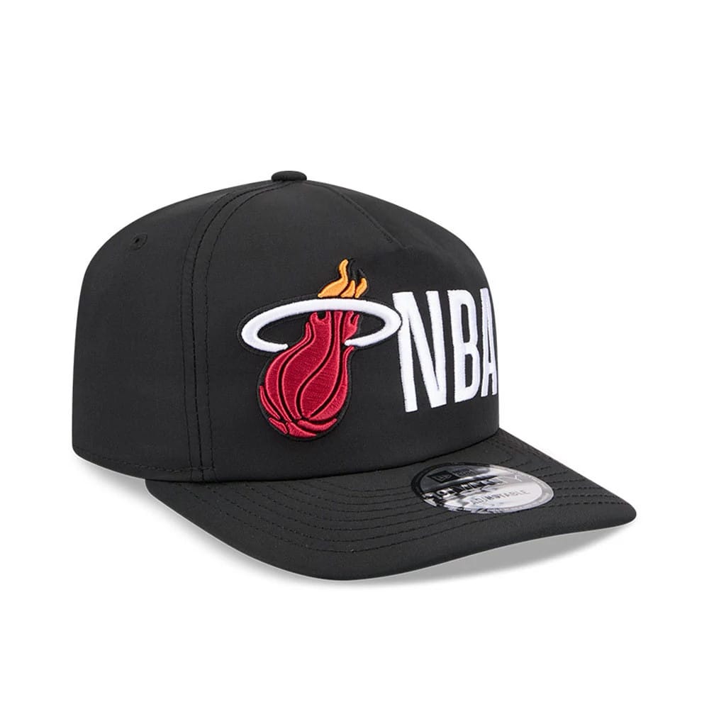 Miami Heat NBA Team Logo Black New Era 19TWENTY Adjustable Cap, three-quarter view showing the raised Miami Heat logo embroidered on the structured black crown, with white NBA lettering and a 19TWENTY size sticker on the flat black visor.