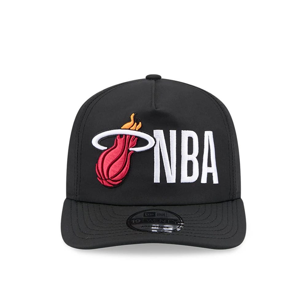 Miami Heat NBA Team Logo Black New Era 19TWENTY Adjustable Cap, front view showing the embroidered red and yellow Miami Heat logo with the letters NBA in white, on a structured black crown with a black visor and 19TWENTY size sticker.