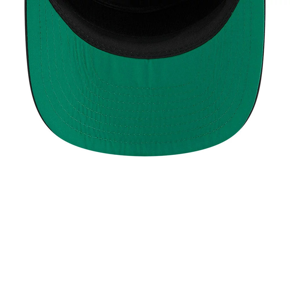 Miami Heat NBA Team Logo Black New Era 19TWENTY Adjustable Cap, inside view showing a green undervisor, black interior lining, and detailed stitching on the robust, rounded visor edge.