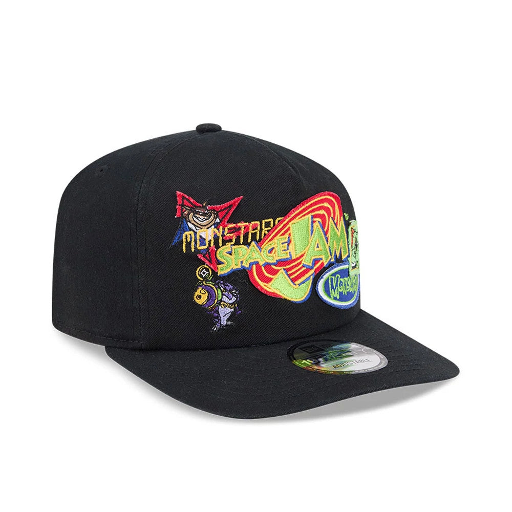 Space Jam Warner Brothers Space Jam Monstars Black New Era 19TWENTY Adjustable Cap, three-quarter view showing colourful embroidered Monstars and Space Jam logos on the front panels, with a flat black visor and a 19TWENTY size sticker on the visor.