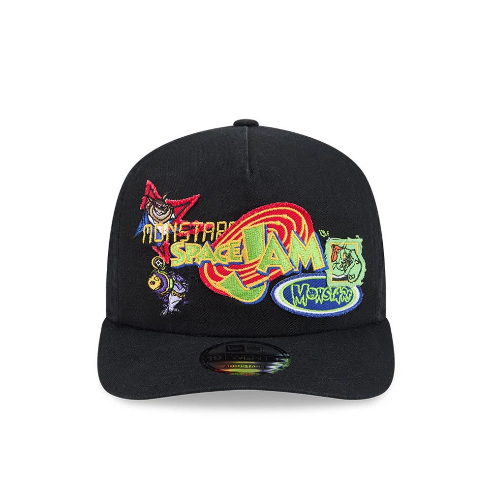 Space Jam Warner Brothers Space Jam Monstars Black New Era 19TWENTY Adjustable Cap, front view with embroidered Space Jam and Monstars graphics on the front panels, a curved black visor and a 19TWENTY size sticker on the centre.